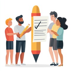 Collaborative Teamwork Illustration Diverse Group Completing Checklist