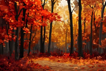 Autumnal Forest Path: A Digital Painting of Serene Fall Scenery