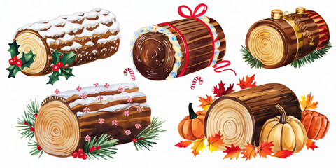 Watercolor Yule Log Cakes Autumn Logs Festive Treats