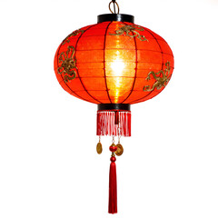 Obraz premium Elegant red lantern illuminating a warm ambiance with decorative elements and tassels, photography of still life concept.