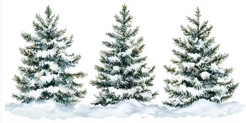 Obraz premium Watercolor pine trees background. Banner with hand painted evergreen forest, isolated. Snow winter wonderland illustration. Watercolor winter evergreen pine trees, isolated on white background. Hand p