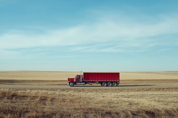 Fototapeta premium Red Truck Driving Through an Open Country Landscape Under Clear Blue Sky with Golden Fields Stretching to the Horizon in a Serene Setting