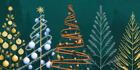 Festive Christmas Trees Gold Winter Holiday Design Decorated Evergreen