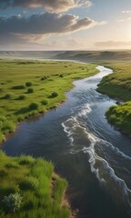 A strong gust of wind blows over the Missouri River and green plains, cloudy, thunderstorm, landscape