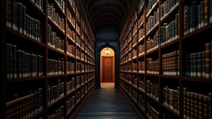 Fototapeta premium Dimly lit library hallway with bookshelves lining walls. Arched doorway leads to unseen space. Books neatly arranged on shelves in classic library. Ancient knowledge, quiet study, timeless