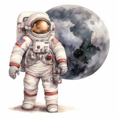 Fototapeta premium A whimsical illustration of an astronaut standing on the moon, showcasing a playful blend of space exploration and imagination.