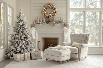 Elegant white Christmas room with white tree, gold and silver decorations, fireplace, and soft natural light. Festive holiday home decor.