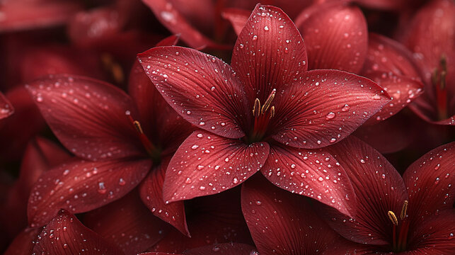 Close-up of delicate red flower petals adorned with water droplets, symbolizing beauty, freshness, purity, and renewal, evoking feelings of tranquility, nature, and the fleeting moments of life
