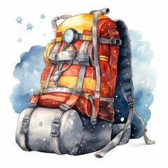 A colorful hiking backpack with multiple compartments, set against a whimsical blue background with stars, evokes a sense of adventure and exploration.