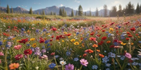 A whimsical meadow comes alive with an explosion of colorful wildflowers swaying gently in the wind, garden, petals