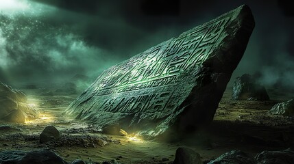 Ancient stone slab with mysterious carvings rests in a desolate, dimly lit landscape.