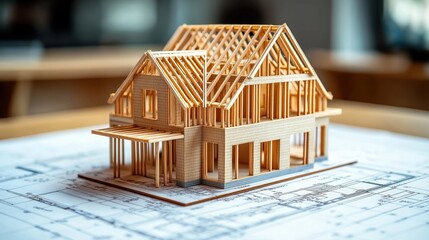 Wooden house model sits on blueprints. Construction project planning. Building design in progress. Model home illustrates framework. Plans, model combine to showcase future building project.