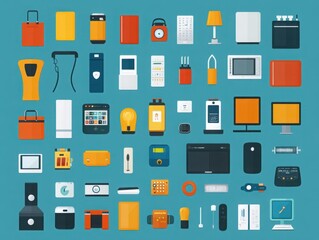 Colorful Flat Design Composition of Various Household and Office Objects Including Appliances, Gadgets, and Stationery on a Blue Background