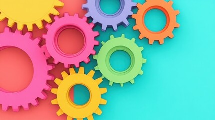 Colorful gears in vibrant hues arranged on a bright background, symbolizing teamwork, innovation, and the mechanics of creativity in a playful and engaging format.