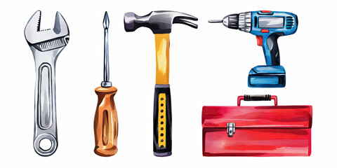 Watercolor Tools Wrench Hammer Screwdriver Drill Toolbox