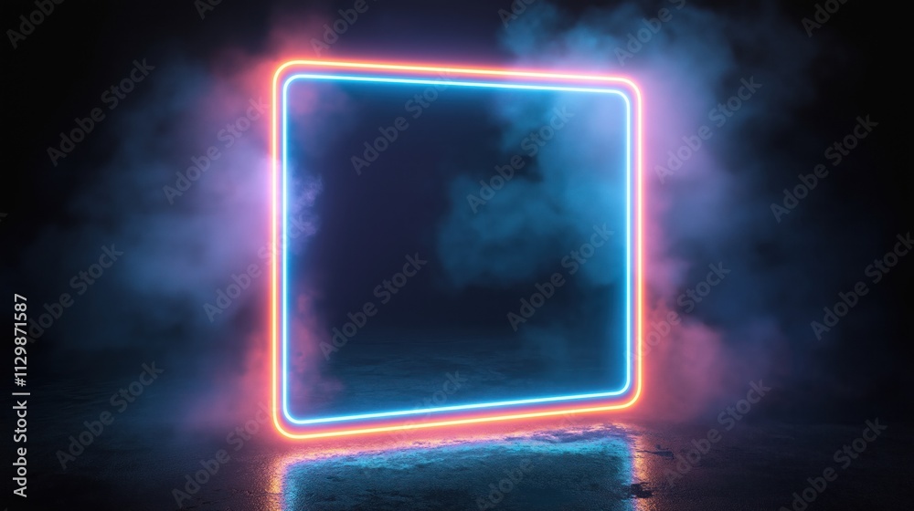 Fototapete neon rectangle frame glows on dark background. futuristic retro style. perfect for game interface po