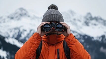 Adventurer in Orange Jacket Using Binoculars in Snowy Mountains