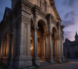 Obraz premium Ancient Ukrainian Pyatnytska church facade with ornate stone columns at dusk, ancient architecture, church facade, traditional ukrainian