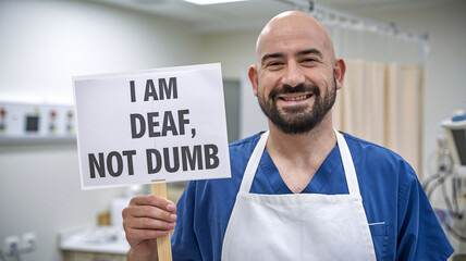 a deaf man holding sold sign