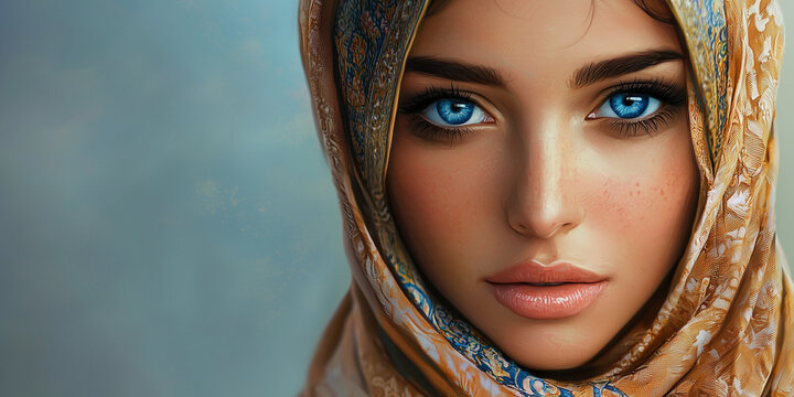 Young Arabian woman in hijab with blue eyes. Yashmak.