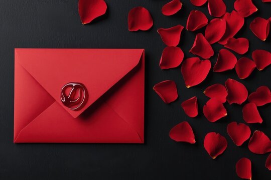 Elegant Red Envelope with Wax Seal Surrounded by Rose Petals - Powered by Adobe