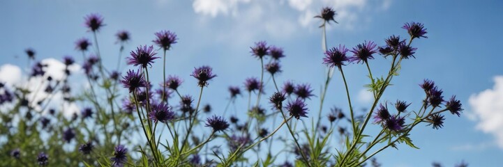 Obraz premium Black cumin sativa flowers in full bloom against a bright blue sky, colorful blooms, lush green grass, beautiful flowers