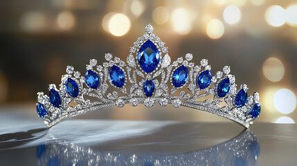 Luxurious and elegant blue sapphire and diamond tiara. Sapphire. Illustration