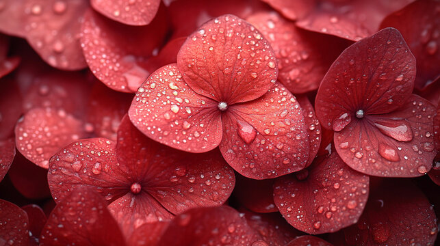red flower petals adorned with water droplets, symbolizing beauty, freshness, purity, and renewal, evoking feelings of tranquility, nature, and the fleeting moments of life