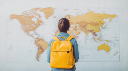 Woman looks at world map with yellow backpack. International education, travel opportunities. Global mobility concept. Person considering education work abroad. Student pro. Study abroad internship.