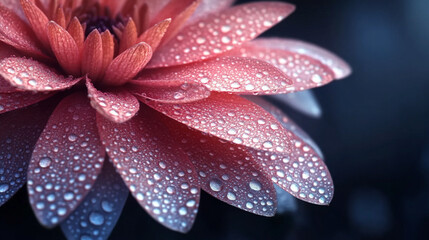 Fototapeta premium red flower petals adorned with water droplets, symbolizing beauty, freshness, purity, and renewal, evoking feelings of tranquility, nature, and the fleeting moments of life