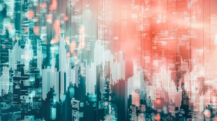 abstract and complex background + tiny square shapes, investment candle stick data,teal and white, pink and coral, 2d, frosted glass 