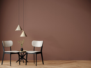 Background empty wall painted in mocha mousse trend color of the year 2025. Minimalistic scene room with chairs, table and golden lamps details. 3d render