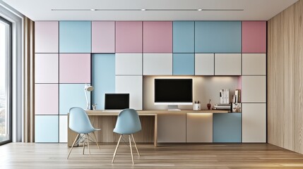 Fototapeta premium Modern pastel workspace with integrated desk and storage
