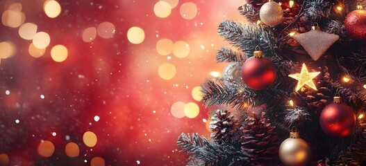 Christmas Tree In Red Shiny Glittering Background - Baubles Hanging On Fir With Abstract Lights,


