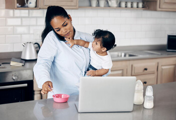 Phone call, baby and multitasking mother in home with breakfast porridge, responsibility and child development. Woman, kid or remote work with food for nutrition, routine and communication in kitchen
