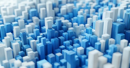 Fototapeta premium 3D rendering of blue and white cubes in an array, creating the appearance of a cityscape