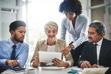 Business people, tablet and collaboration of attorney group with digital brief for case. Office, diversity and management with legal research, teamwork and conversation in meeting at law firm