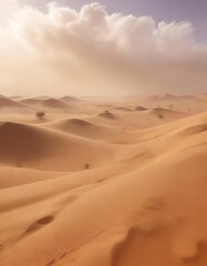 Desert landscape engulfed by a massive sandstorm with swirling sand and low visibility, rugged landscape , golden light, stormy sky