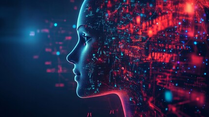 A highly detailed digital artwork of a human face surrounded by intricate AI data patterns. Vibrant red and blue colors create a dynamic, futuristic atmosphere, symbolizing artificial intelligence and