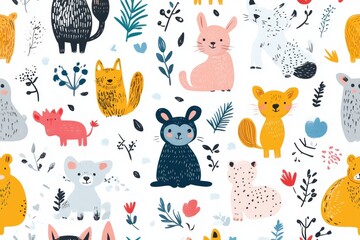 Playful animal pattern background with cute illustrations nature scene graphic content vibrant environment whimsical viewpoint engaging concept for children’s designs