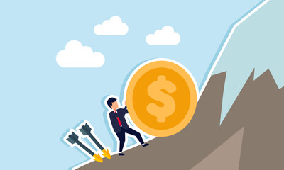 Businessman pushing a dollar coin up a mountain with two arrows threatening from behind, illustration of securing company's financial assets despite many business threats