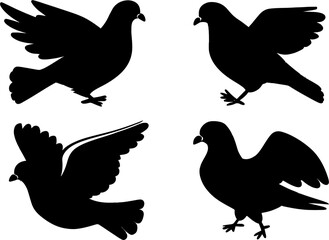 Black silhouette. Icon set of Pigeon bird flying and sitting. Flat cartoon character design. Black bird icon. Cute pigeon template. Vector illustration isolated on white background.