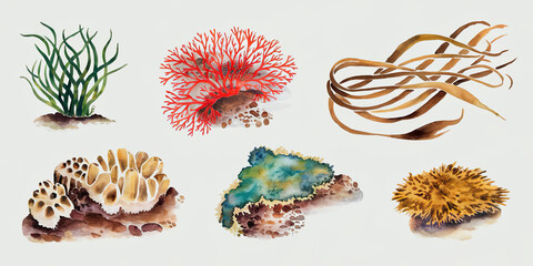 Watercolor Sea Life Collection Coral Kelp Seaweed Algae Ocean Plants