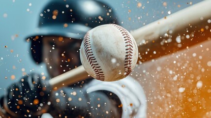 Baseball player hits baseball with bat. Action shot shows impact moment. Splashes, debris fly around. Dynamic game moment in outdoor sport. Active player performs strike. Sport activity. Dynamic