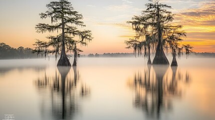 Obraz premium Serene sunrise over misty swamp with cypress trees reflecting in calm water.