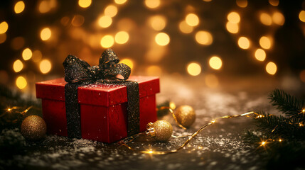 Red Christmas gift box with black ribbon surrounded by warm festive lights