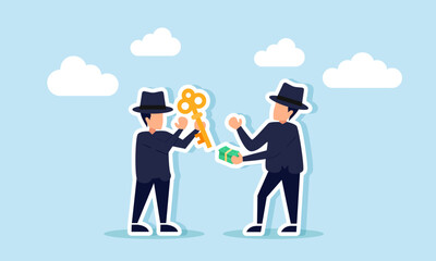 Two businessmen, styled like mafia, carrying keys and cash, about to exchange them, illustration of a shady business deal involving illegal business solutions