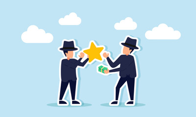 Two businessmen, styled like mafia, carrying stars and cash, about to exchange them, illustration of a shady business deal involving illegal rating and quality transactions