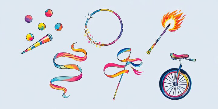 Colorful Circus Equipment Juggling Hula Hoop Ribbon Fire Staff Unicycle