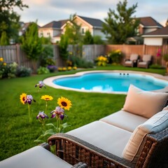 Serene Backyard Oasis Featuring a Pool and Comfortable Furniture